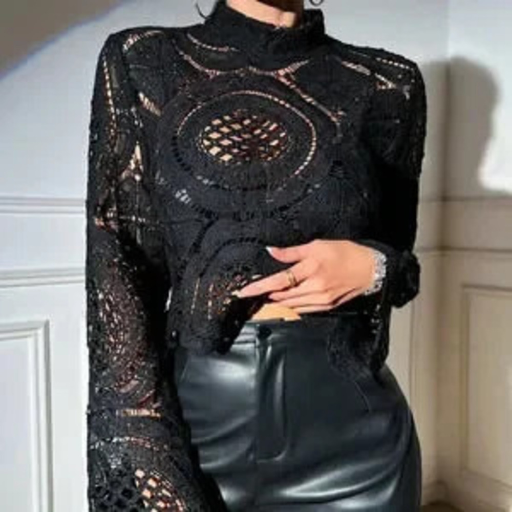 Black Casual Women's Sexy Cut Out Lace See-Through Flare Sleeve Blouse